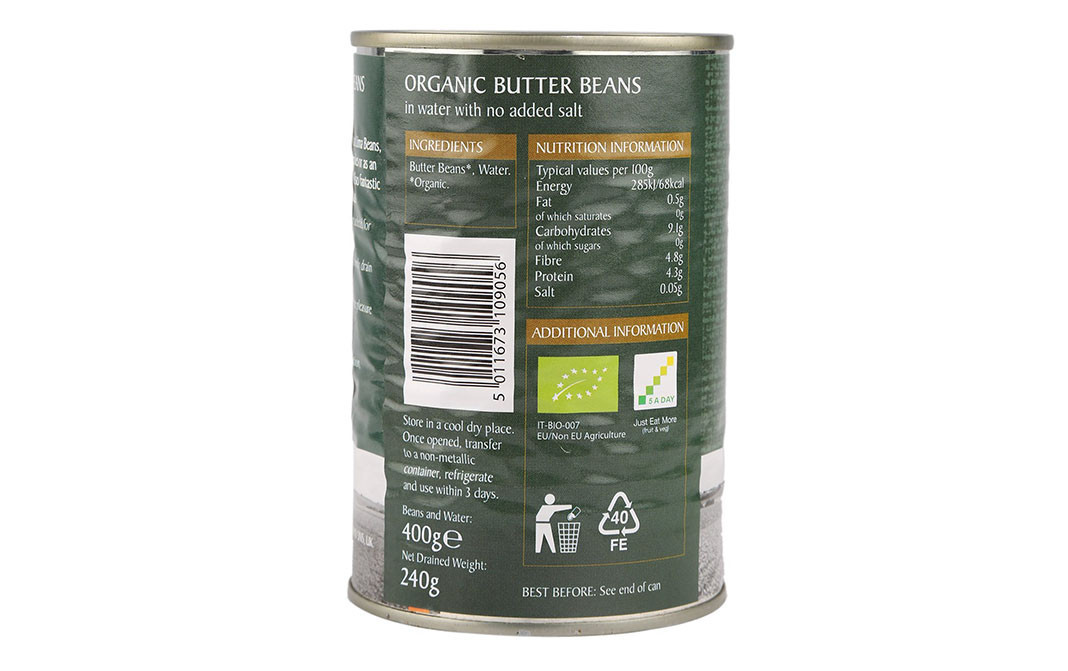 Epicure Organic Butter Beans, In Water With No Added Salt   Tin  400 grams